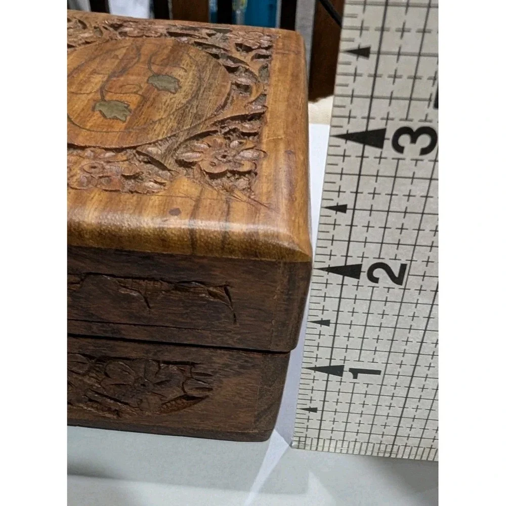 Vintage  Carved Wooden Jewelry Trinket Treasure Keepsake Inlaid 6